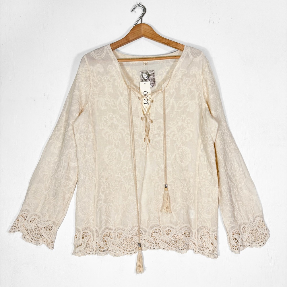 ODDI NEW Cream Embroidered Cotton Lace Up Peasant Blouse Womens M/L Pirate Boho